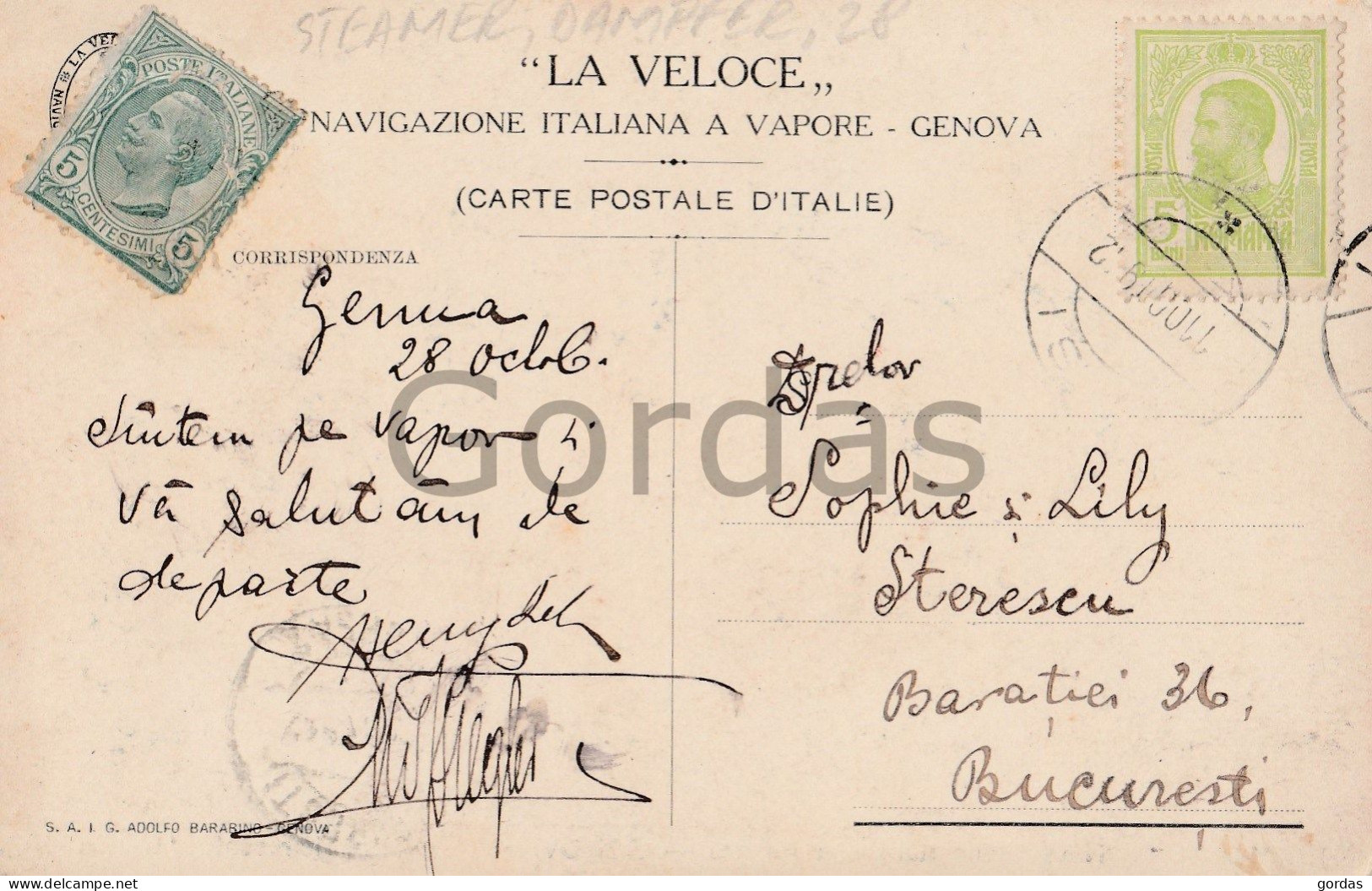 Piroscafo Oceania - La Veloce - Navigazione Italiana A Vapore - Genova - Steamer - Dampfer - Veerboten