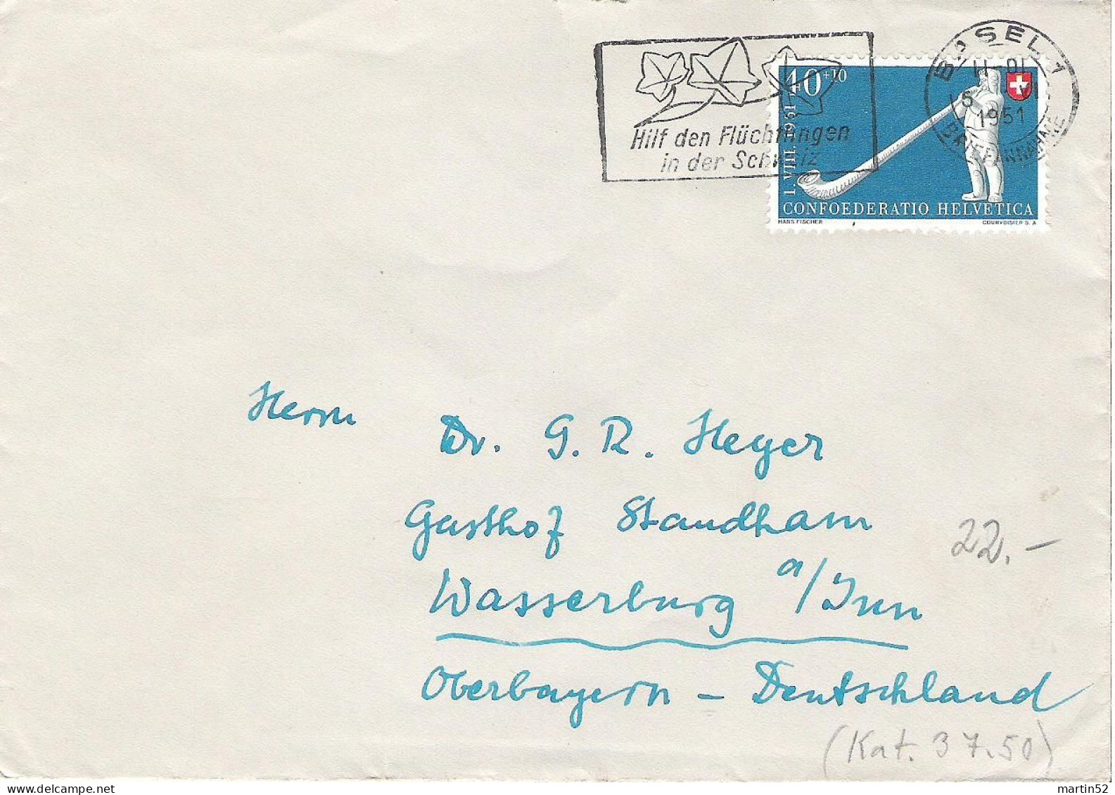 Schweiz 1951 Alphorn Zu WII 55 Mi 559 Yv 511 Mit ⊙ BASEL 5.V.51 "Hilf Den Flüchtlingen In Der Schweiz" (Zu CHF 40.00) - Cartas & Documentos