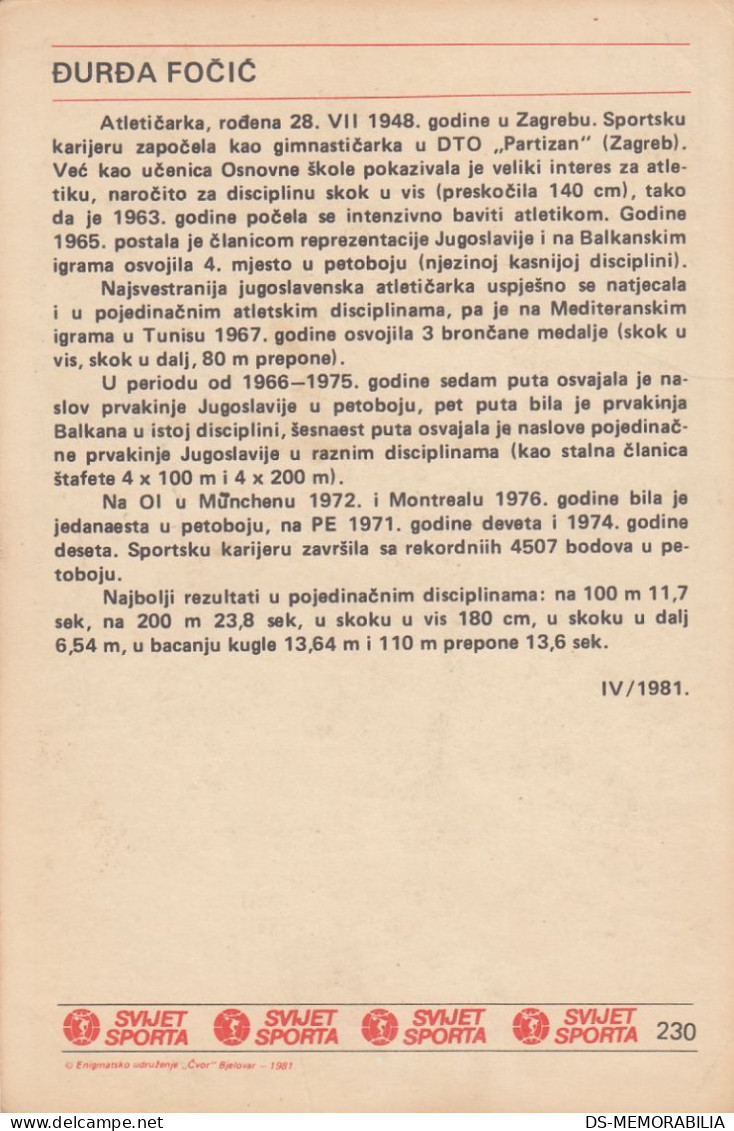 Running Đurđa Fočić Croatia Yugoslavia Trading Card Svijet Sporta - Atletismo