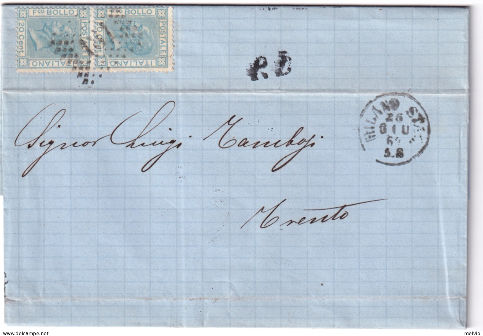 1869-EFFIGIE Coppia C.20 Su Lettera Completa Testo Milano Staz (25.6) Per L'Aust - Marcophilie