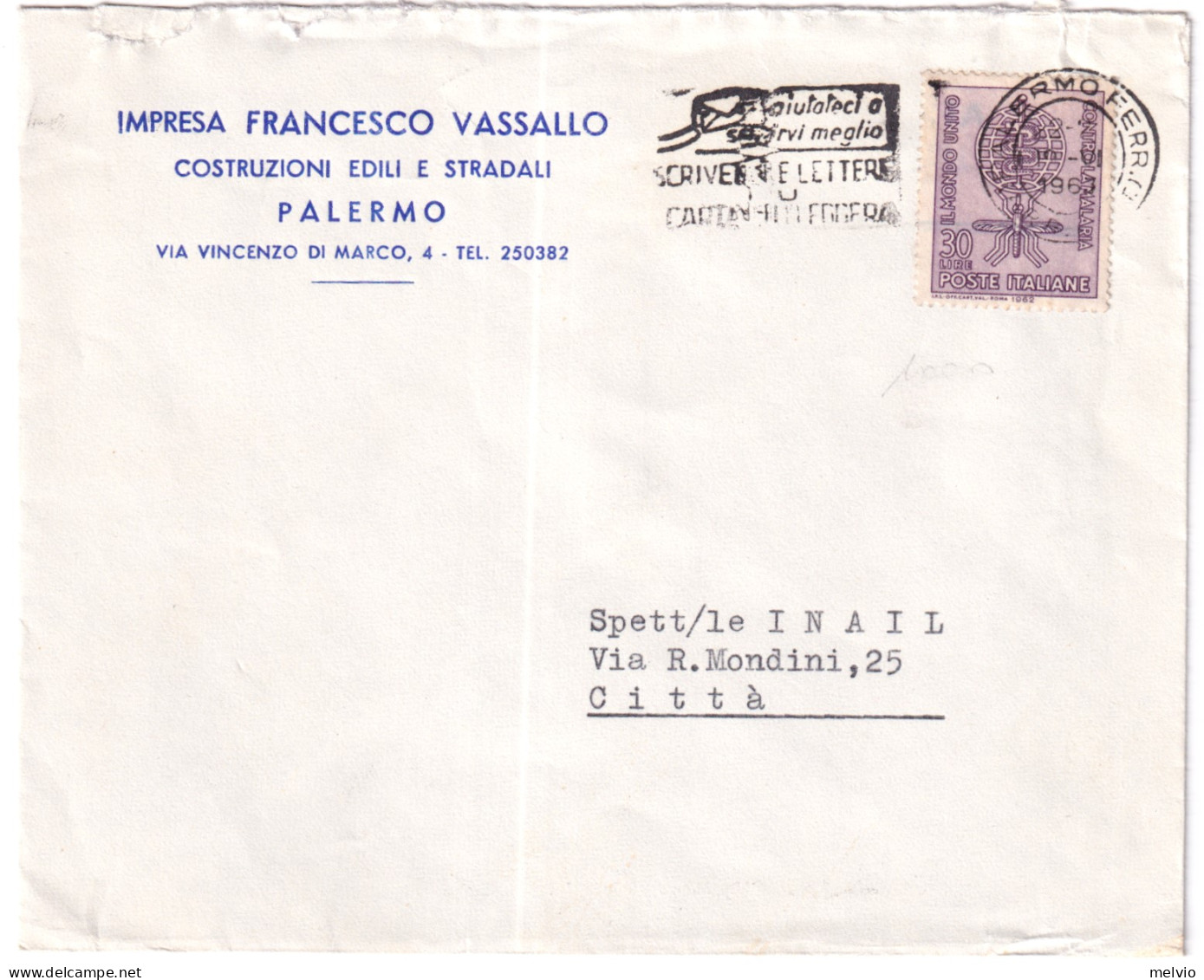 1963-LOTTA MALARIA Lire 30 Isolato Su Busta - 1961-70: Storia Postale