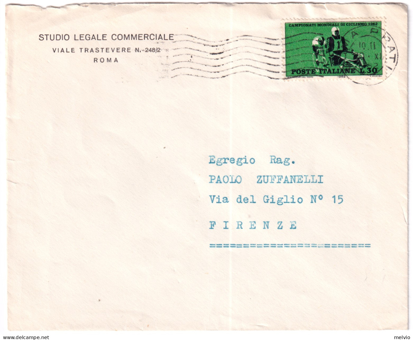 1962-CAMPIONATI MONDIALI CICLISMO Lire 30 Isolato Su Busta - 1961-70: Poststempel