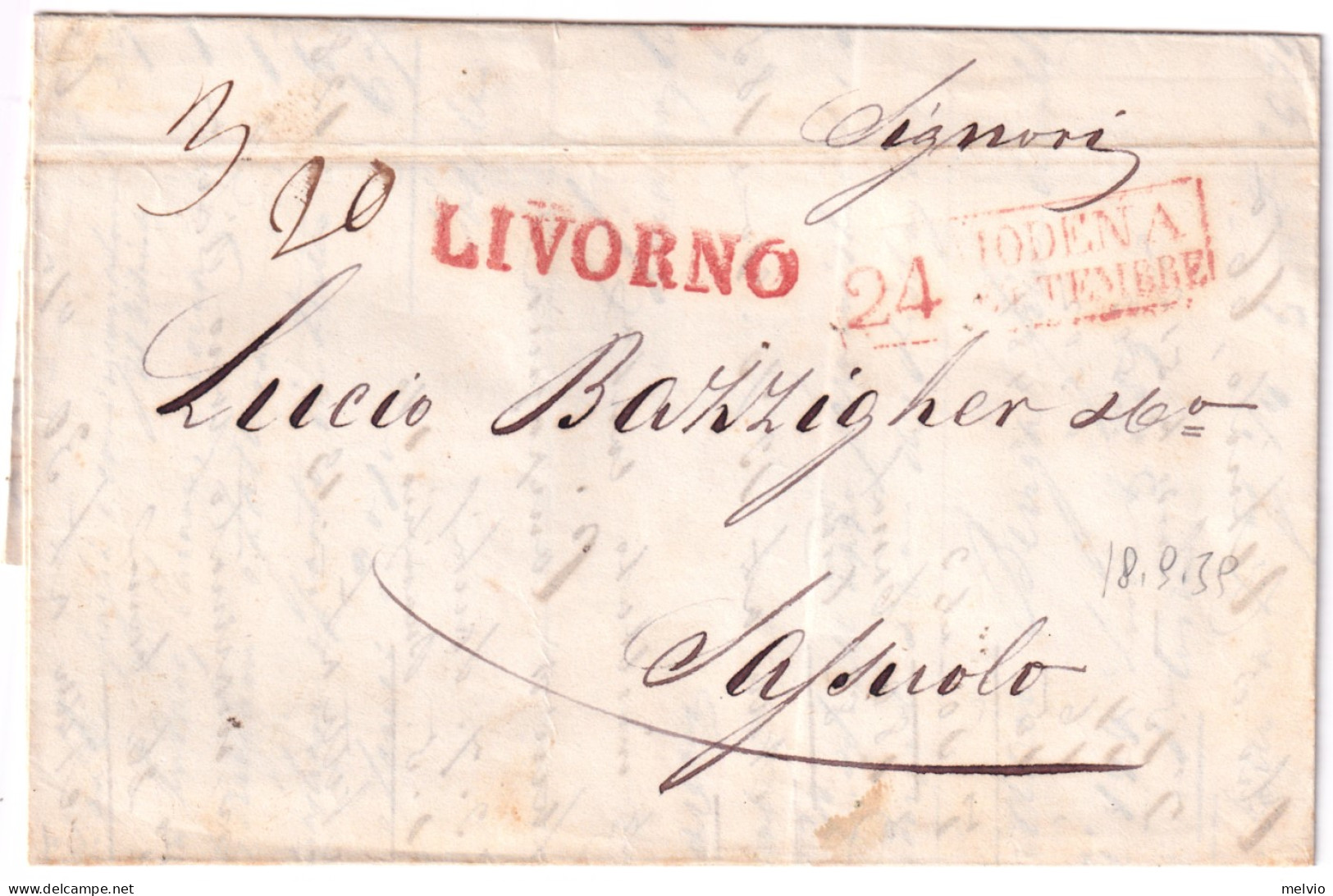 1832-LIVORNO SD In Rosso Arrivo Su Lettera Completa Testo Da TORINO (18.9) - 1. ...-1850 Prefilatelia