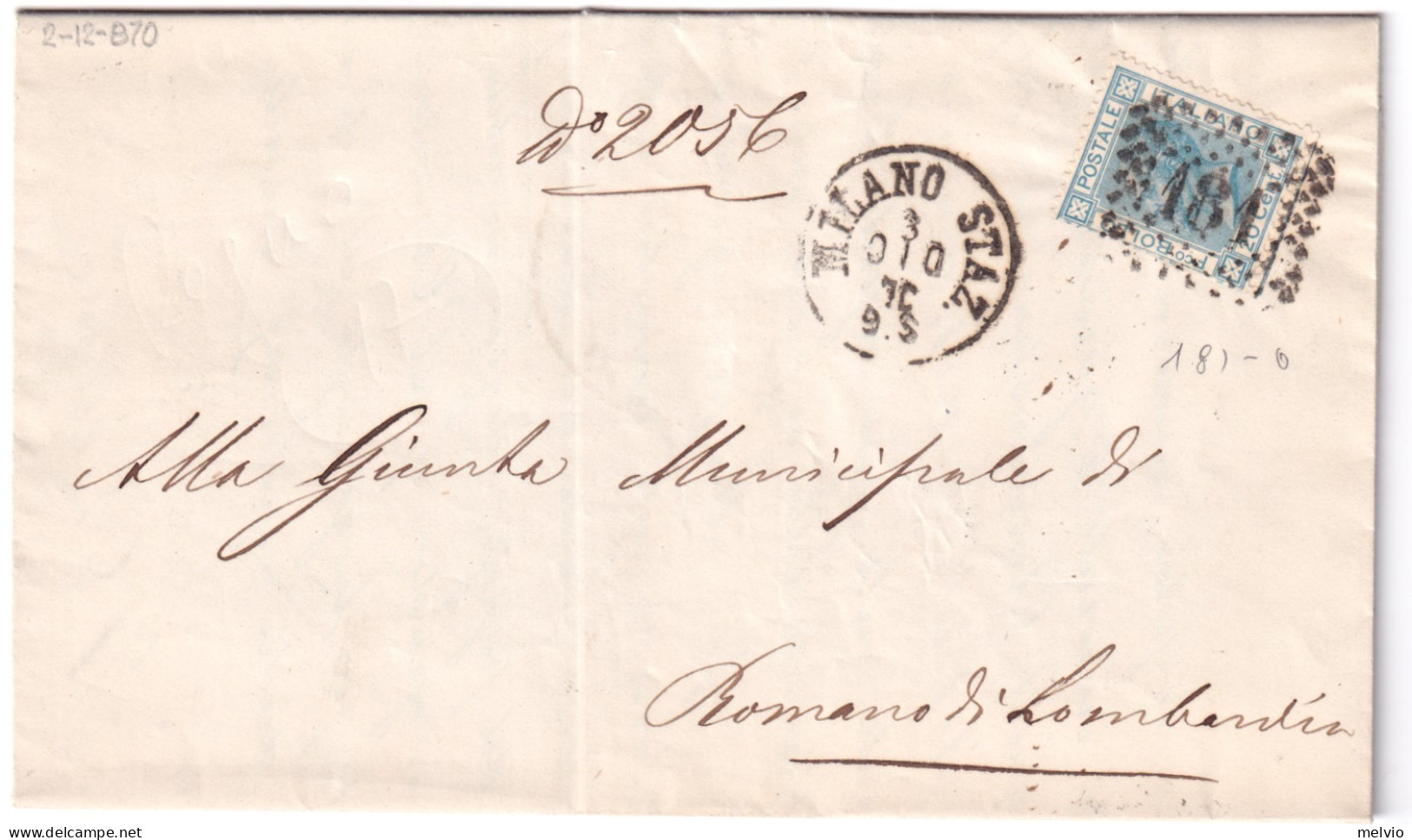 1870-MILANO STAZ C1+punti (3.12) Su Lettera Completa Testo Affrancata C.20 - Storia Postale