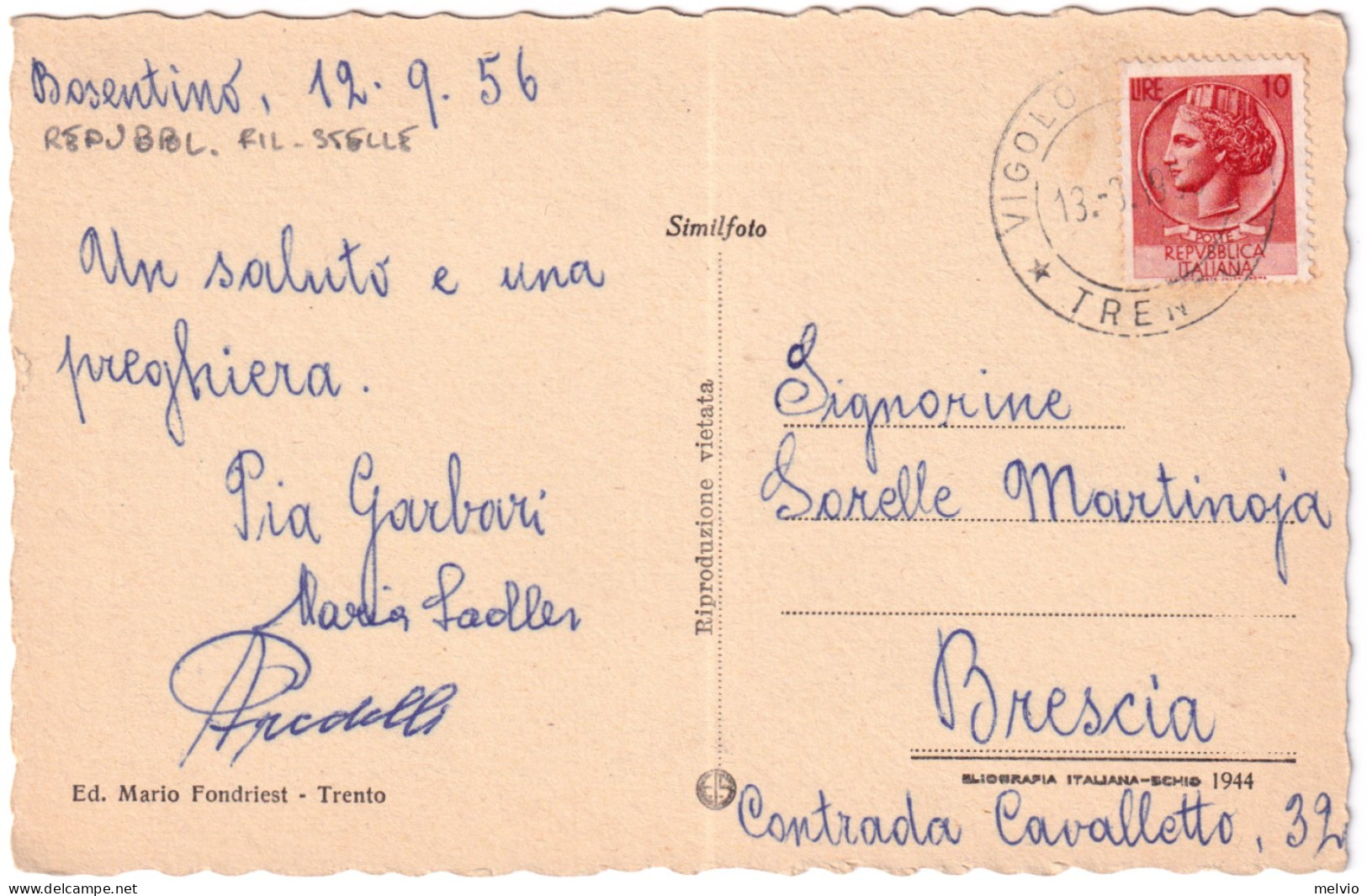 1956-BOSENTINO Madonna Del Peles Viaggiata - Trento
