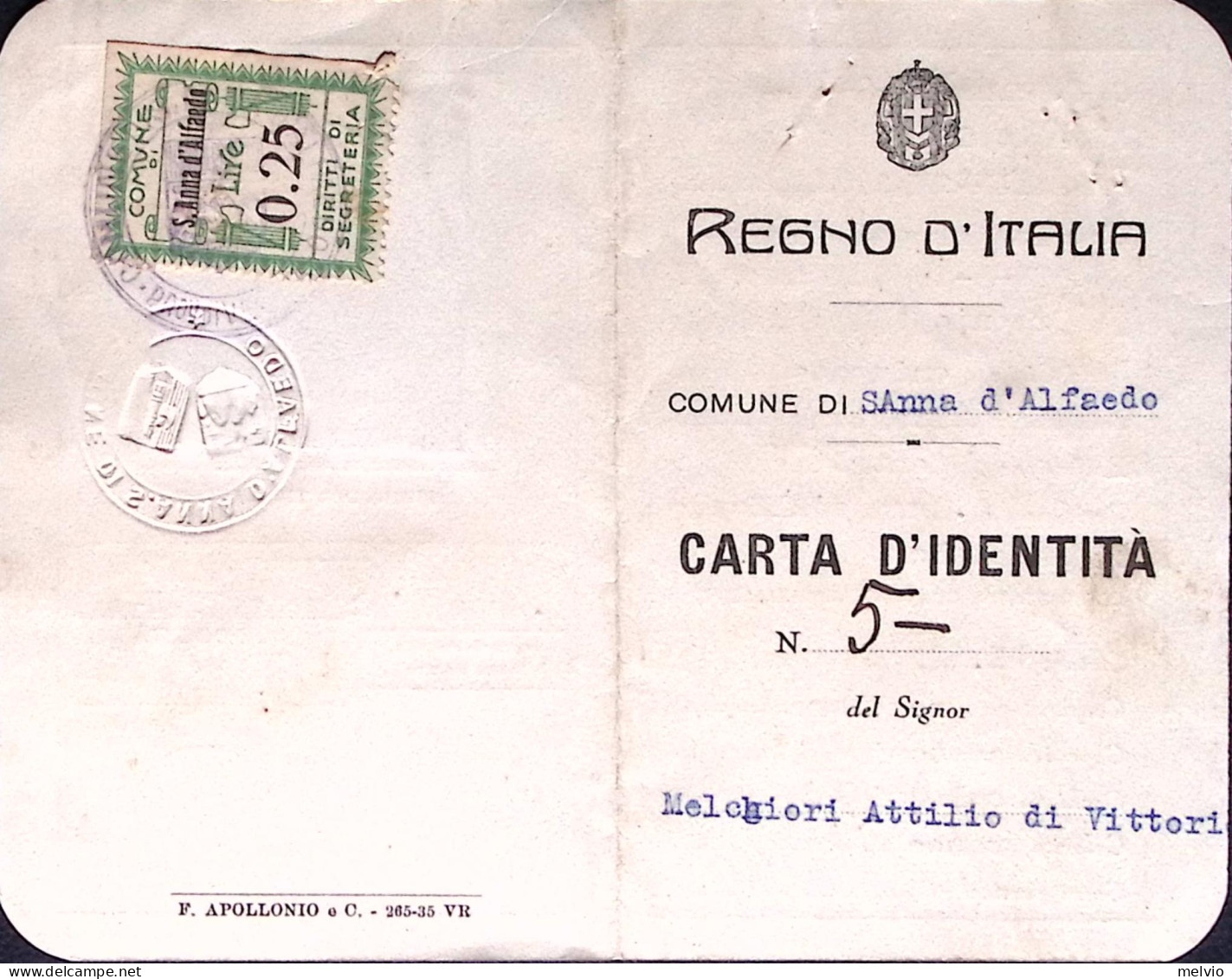 1936-CARTA D IDENTITA' Completa Fotografia Rilasciata S Anna Di Alfaedo ((21.1) - Lidmaatschapskaarten