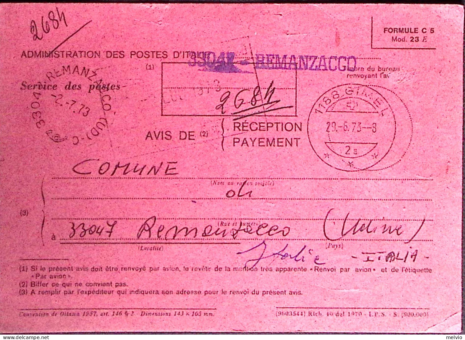 1973-AVVISO RICEVIMENTO Per ESTERO (mod 23-E Cartoncino Rosa) Non Affrancato Usa - 1971-80: Marcophilie