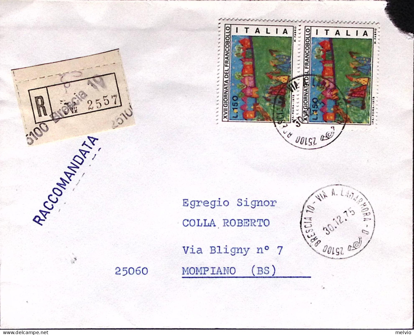 1975-GIORNATA FRANCOBOLLO'75 Coppia Lire 150 Su Raccomandata Brescia (30.12) - 1971-80: Storia Postale