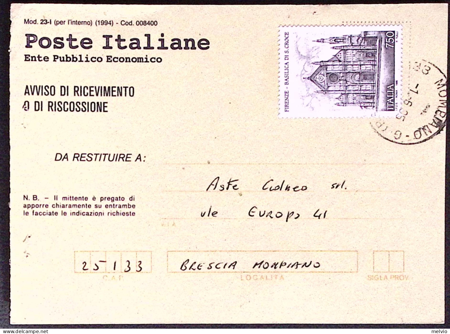 1996-TURISTICA Firenze Santa Croce Lire 750 Isolato Su Avviso Ricevimento - 1991-00: Marcophilia