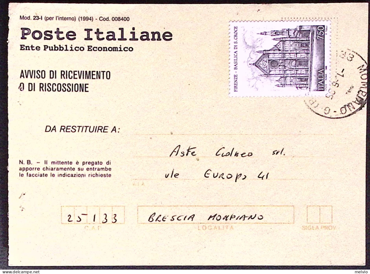 1996-TURISTICA Firenze Santa Croce Lire 750 Isolato Su Avviso Ricevimento - 1991-00: Storia Postale