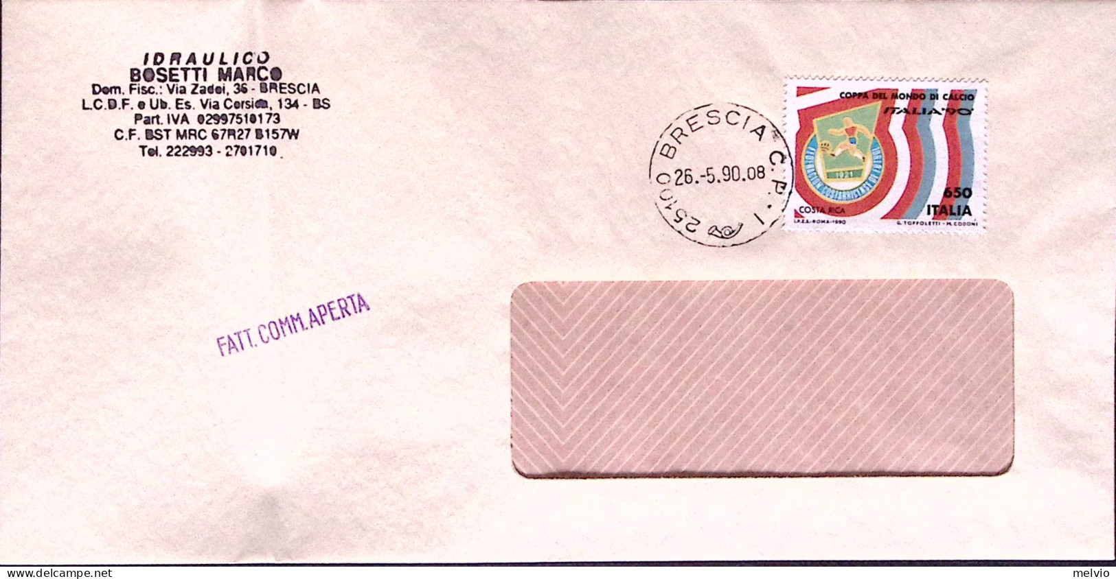 1990-CAMPIONATI MONDO CALCIO Lire 650 (Costa Rica) Isolato Su Fattura Commercial - 1981-90: Poststempel