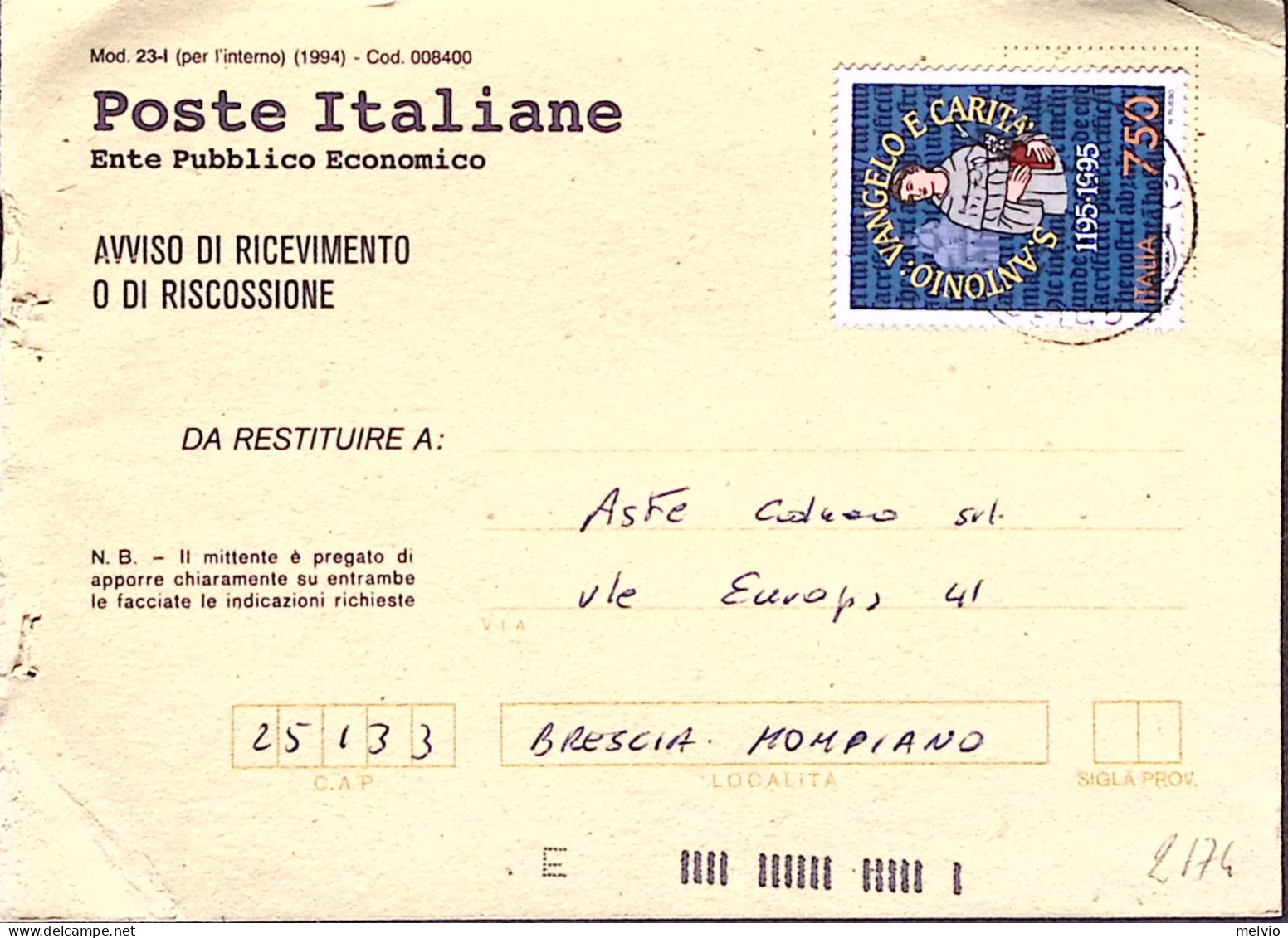 1995-S. Antonio Da Padova Lire 750 Isolato Su Avviso Ricevimento - 1991-00: Marcophilie