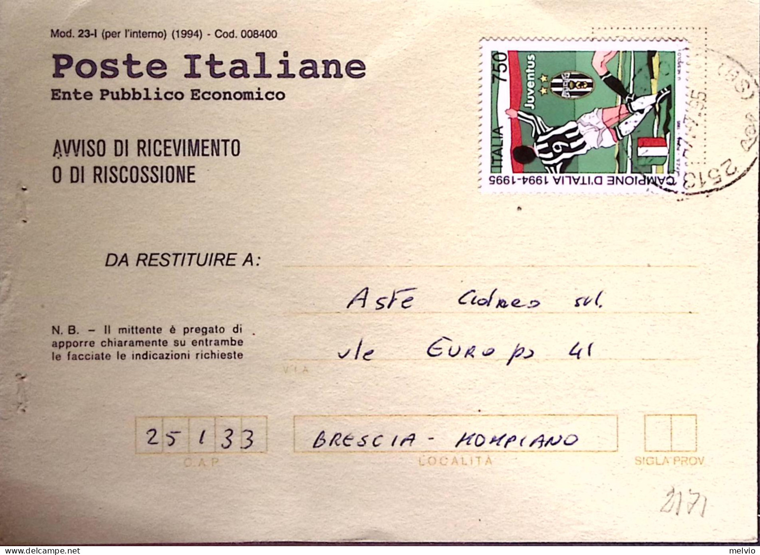 1995-JUVENTUS Campionato 94/95 Lire 750 Isolato Su Avviso Ricevimento - 1991-00: Storia Postale