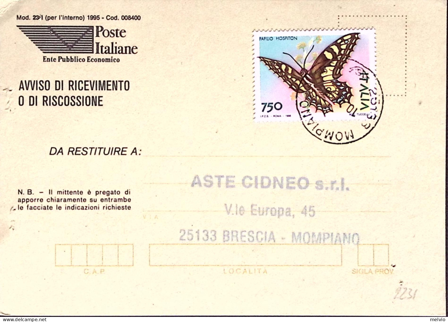 1996-FARFALLE Papilio Hospito Lire 750 Isolato Su Avviso Ricevimento - 1991-00: Marcofilia
