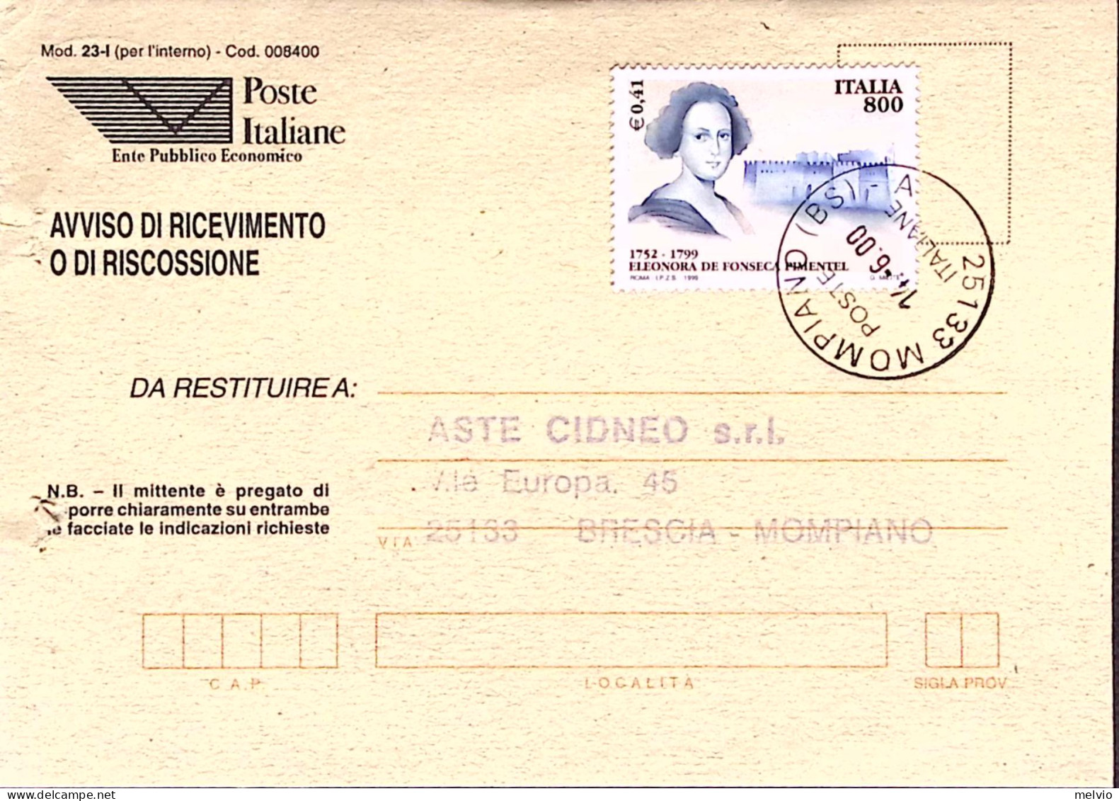 1999-Morte Eleonora De Fonseca Pimentel Lire 800 Isolato Su Avviso Ricevimento - 1991-00: Storia Postale