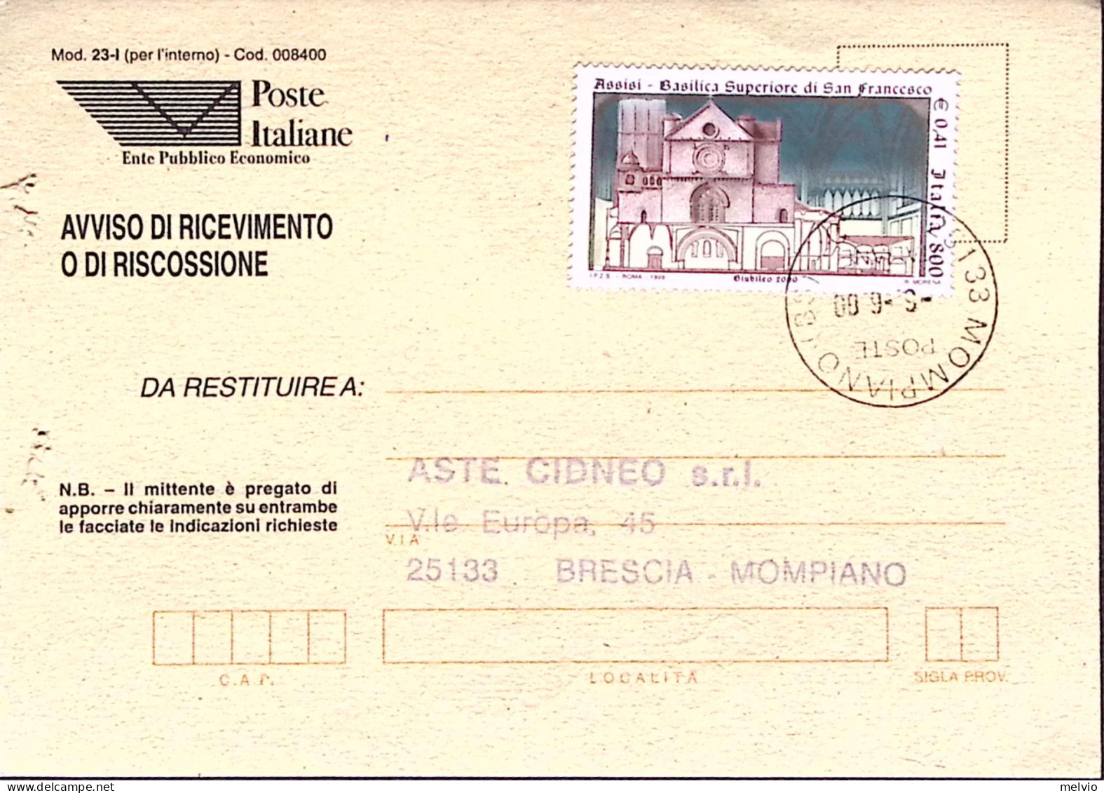 1999-PREPARAZIONE Giubileo 2000 Lire 800 Isolato Su Avviso Ricevimento - 1991-00: Poststempel