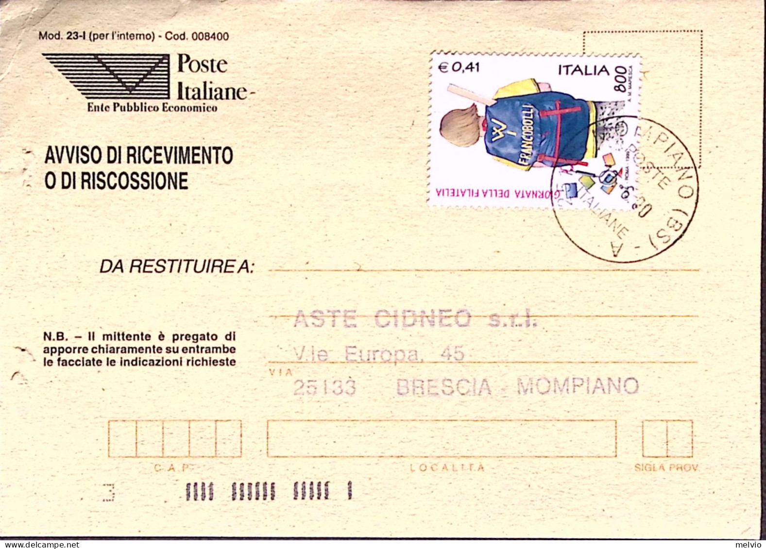 1999-Giornata Della Filatelia 13 Emissione Lire 800 Isolato Su Avviso Riceviment - 1991-00: Marcofilia