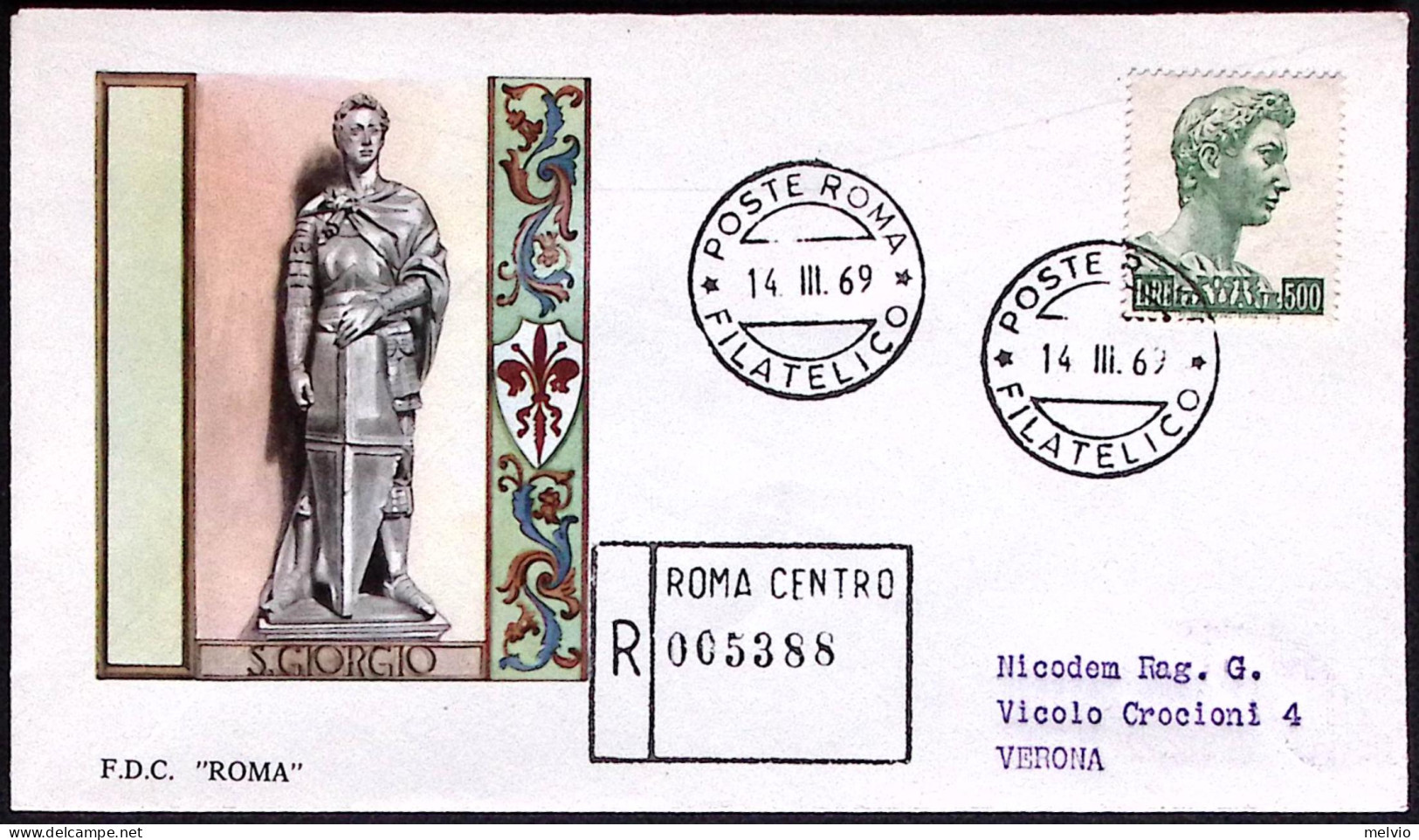 1969-DONATELLO Carta Fluorescente Lire 500 Su Fdc Raccomandata - 1961-70: Storia Postale