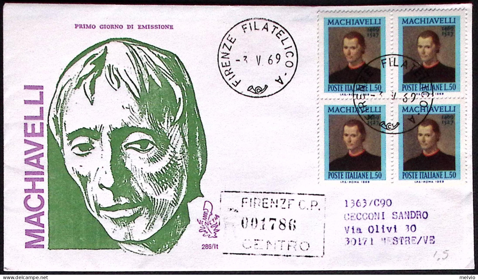 1969-MACHIAVELLI Blocco Quattro Su Fdc Venetia Raccomandata - 1961-70: Storia Postale