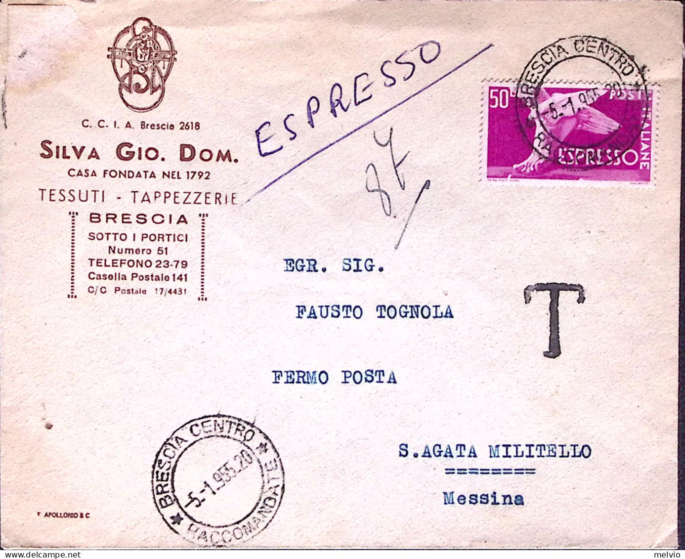 1955-ESPRESSIO Lire 50 Isolato Su Espresso Brescia (5.1) Segno Di Tassazione Non - 1946-60: Storia Postale