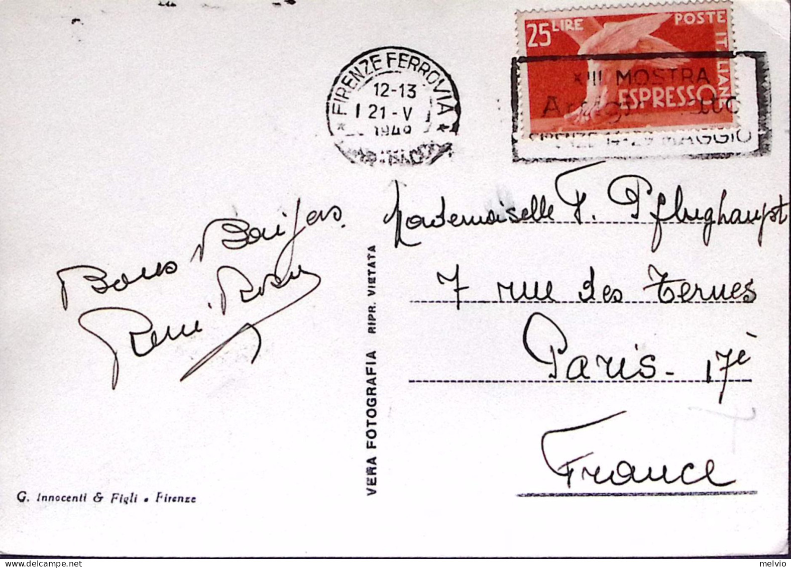 1949-Espresso Lire 25 Come PO Isolato Su Cartolina Firenze (21.5) Per La Francia - 1946-60: Storia Postale