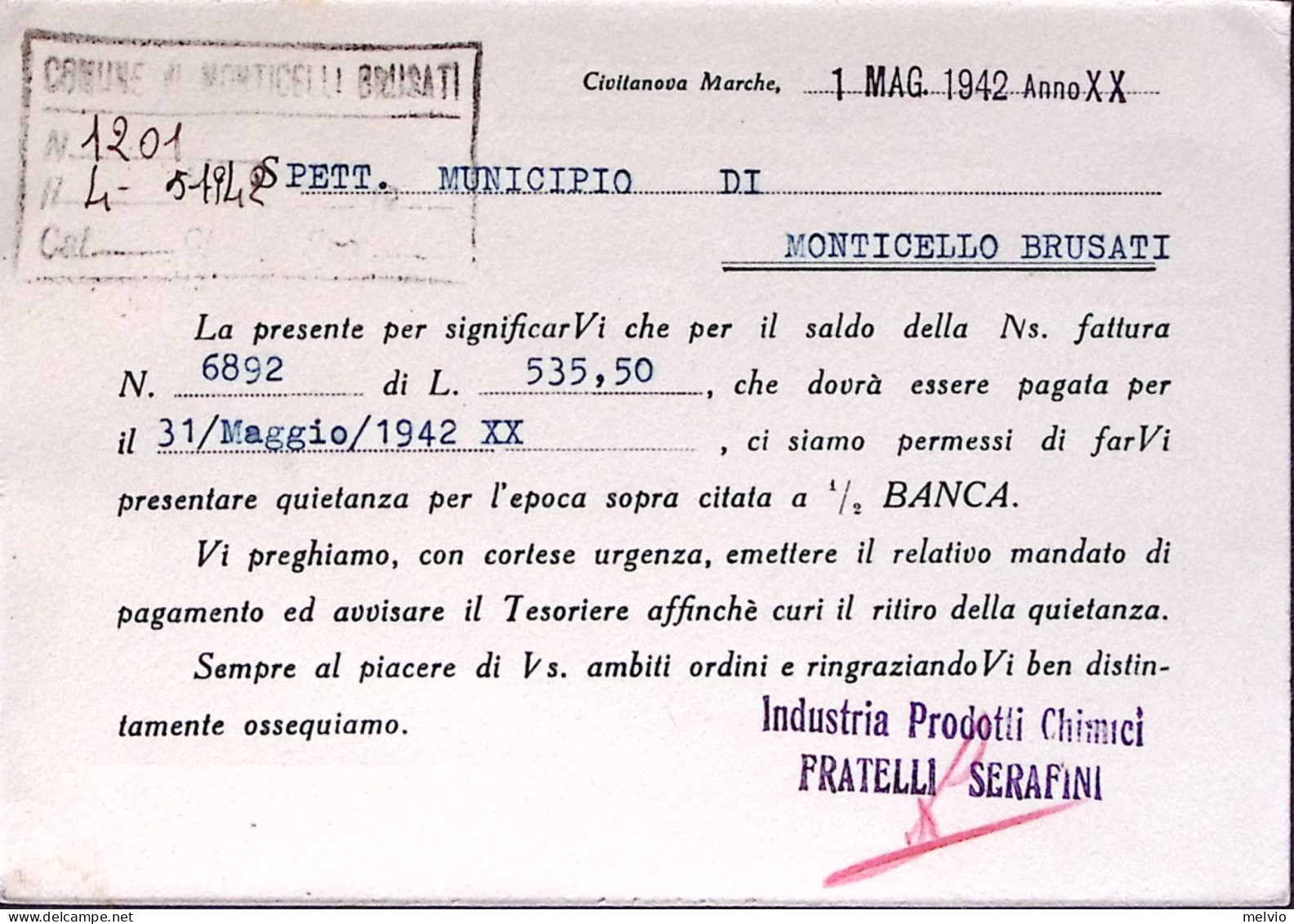 1942-CIVITANOVA MARCHE Industria Prodotti Chimici F.ll Seradini Intestazione A S - Marcophilia