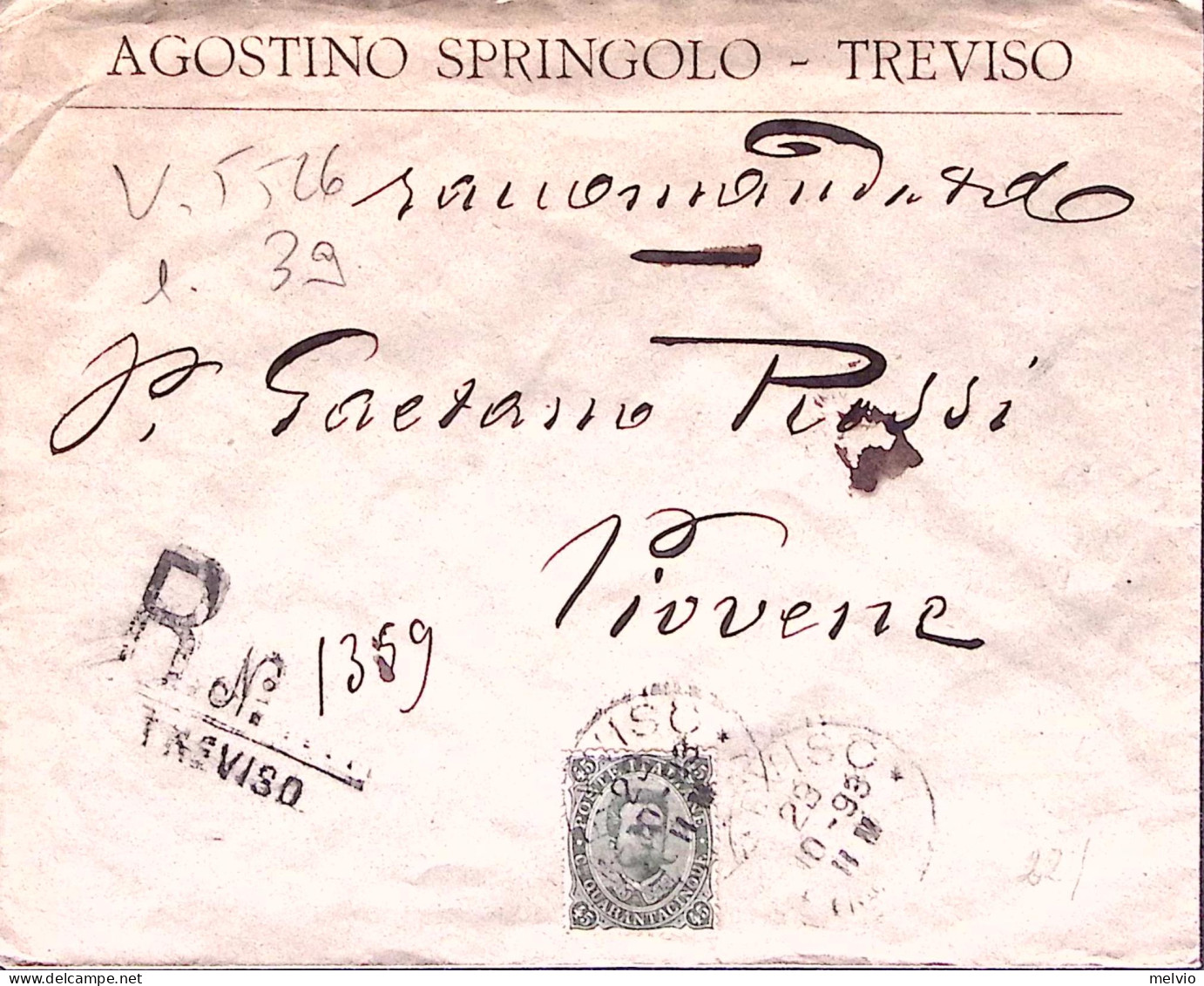 1893-effigie C.45 Isolato Su Raccomandata Treviso (28.10) - Marcophilie