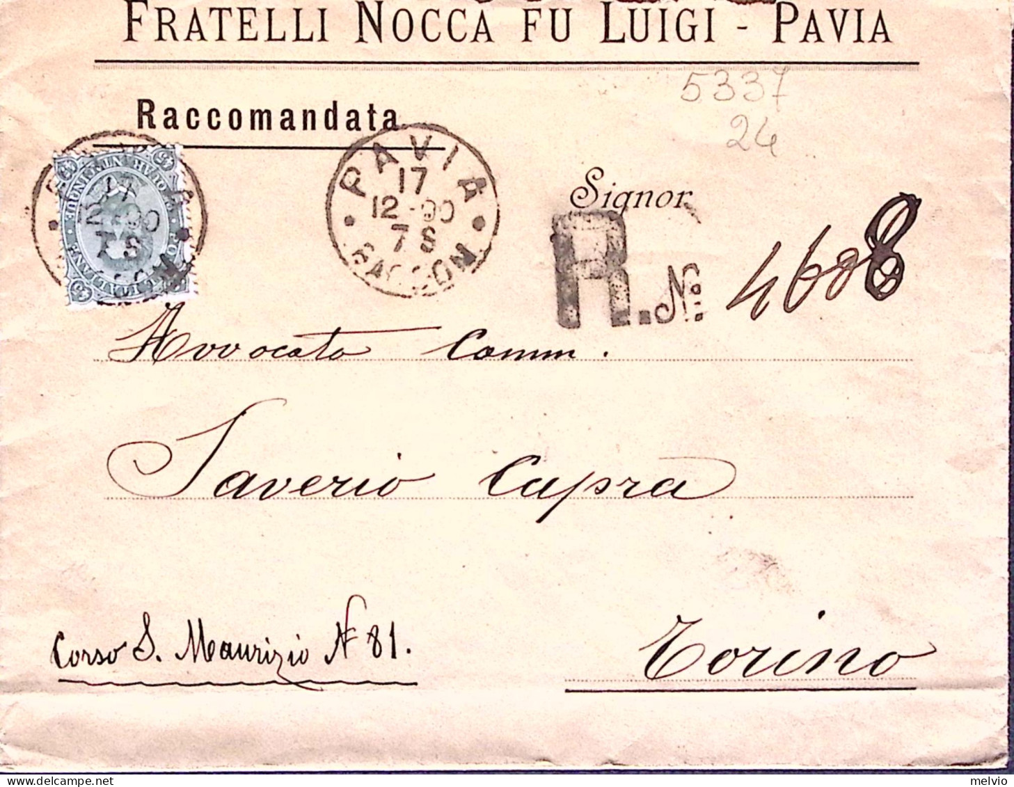 1890-effigie C.45 Isolato Su Raccomandata Pavia (17.12) - Poststempel