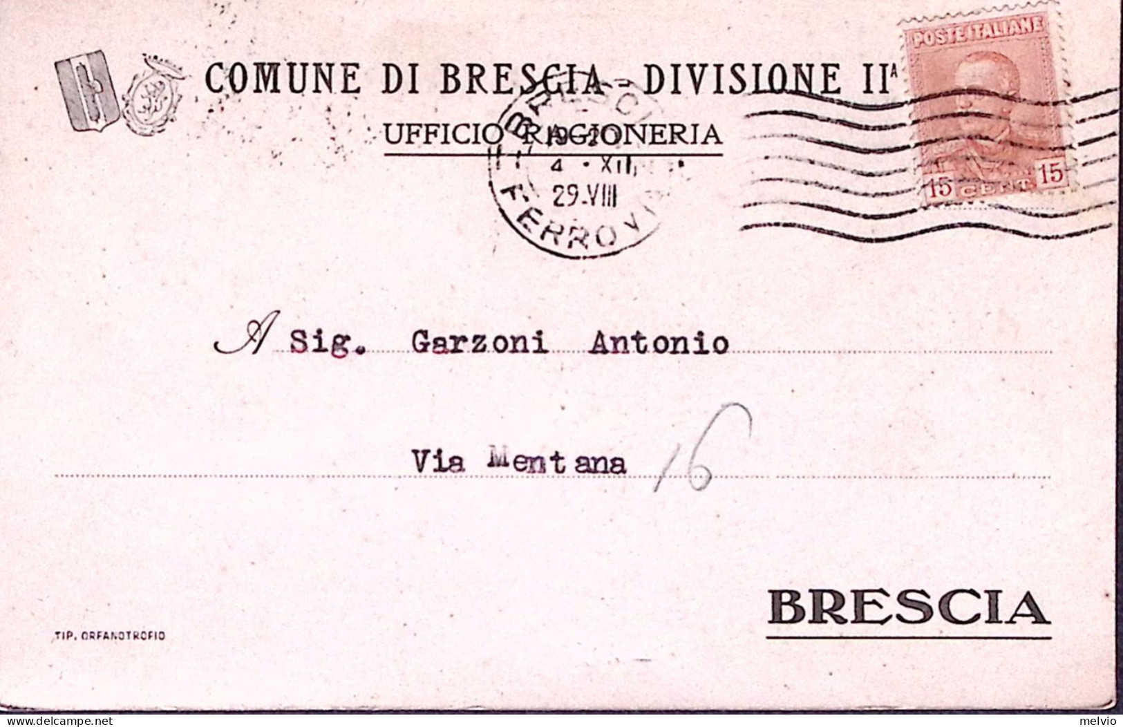 1929-effigie C.15 Isolato Su Cartolina Brescia (4.12) - Marcophilia