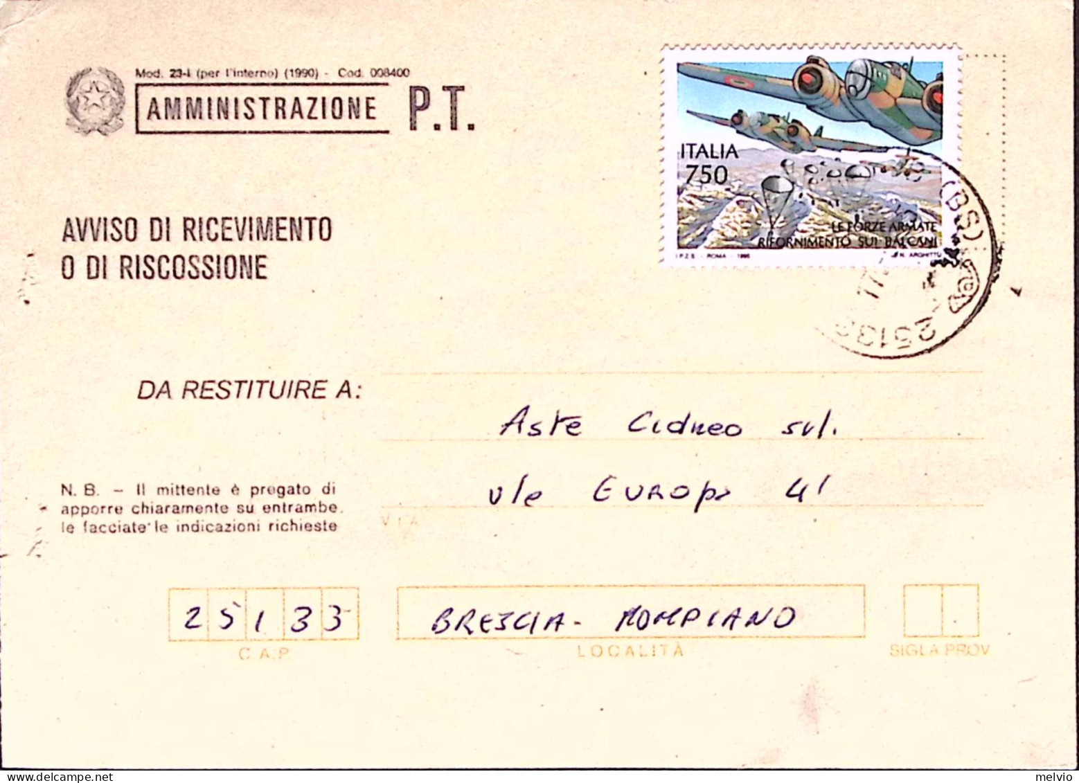 1995-ANNIVERSARI STORICI Rifornimento Aereo Sui Balcani Lire 750 Isolato Su Avvi - 1991-00: Poststempel