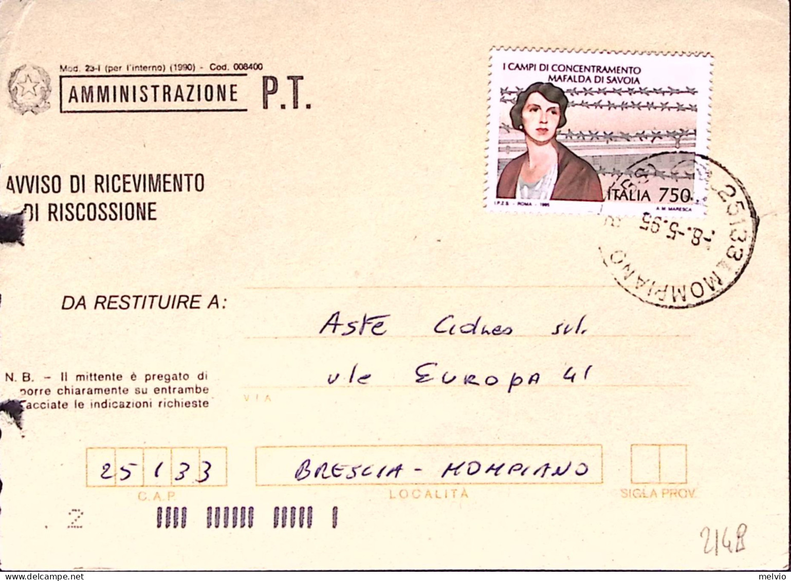 1995-ANNIVERSARI STORICI Mafalda Di Savoia Lire 750 Isolato Su Avviso Riceviment - 1991-00: Poststempel