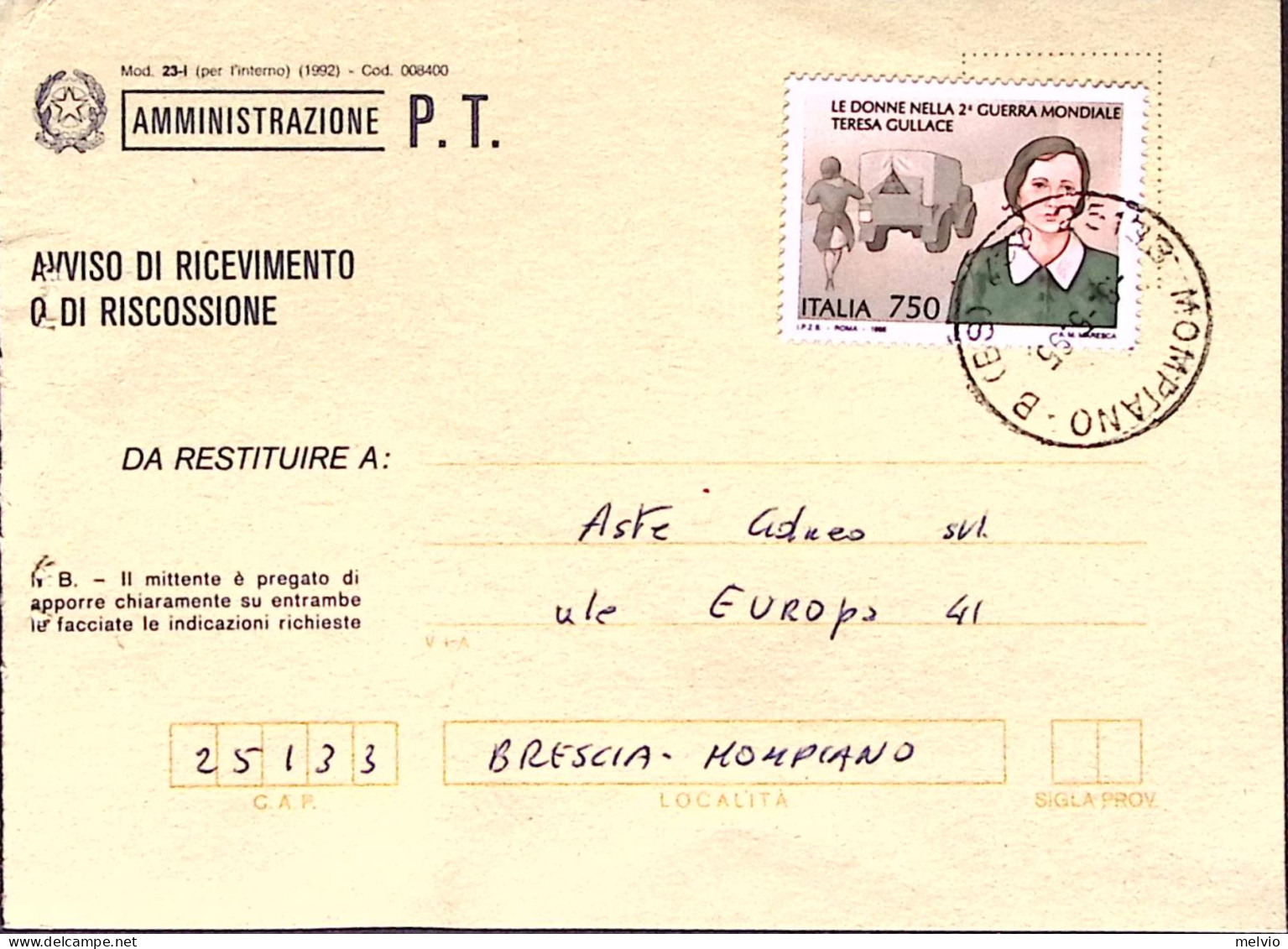 1995-ANNIVERSARI STORICI Teresa Gullace Lire 750 Isolato Su Avviso Ricevimento - 1991-00: Poststempel