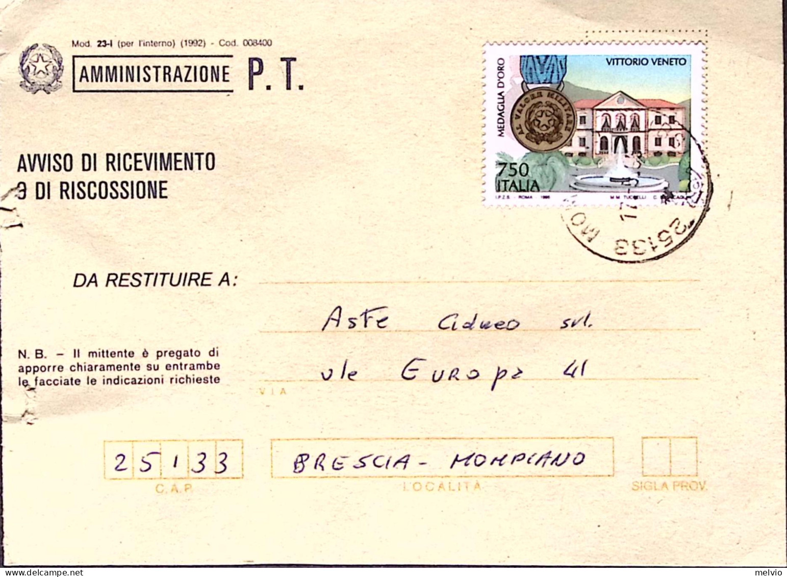 1995-ANNIVERSARI STORICI Vittorio Veneto M.O. Resistenza Lire 750 Isolato Su Avv - 1991-00: Storia Postale