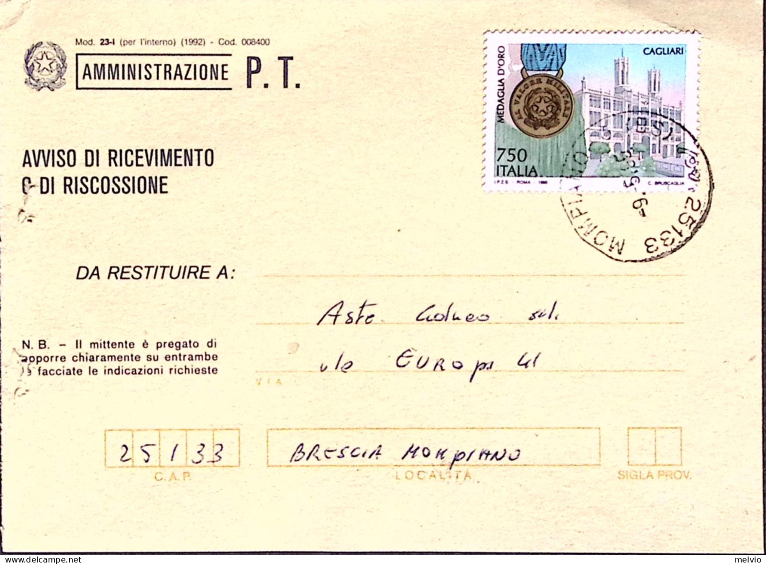 1995-ANNIVERSARI STORICI Cagliari M.O. Resistenza Lire 750 Isolato Su Avviso Ric - 1991-00: Marcophilie