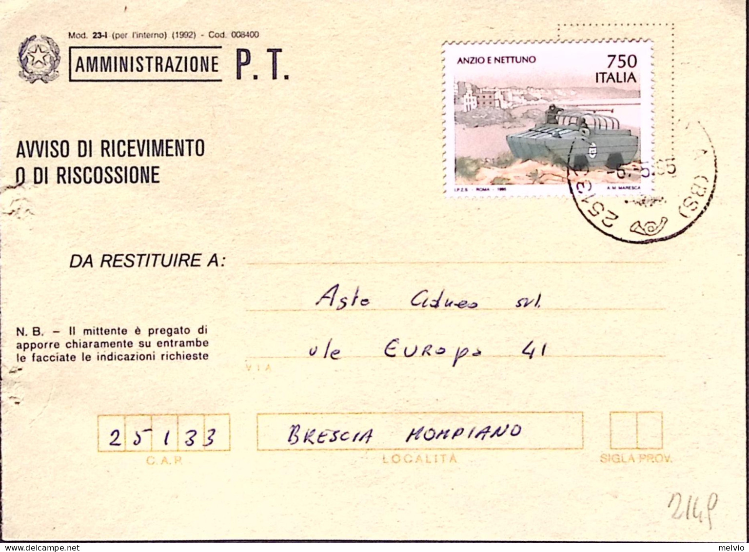 1995-ANNIVERSARI STORICI Anzio E Nettuno Lire 750 Isolato Su Avviso Ricevimento - 1991-00: Marcophilia