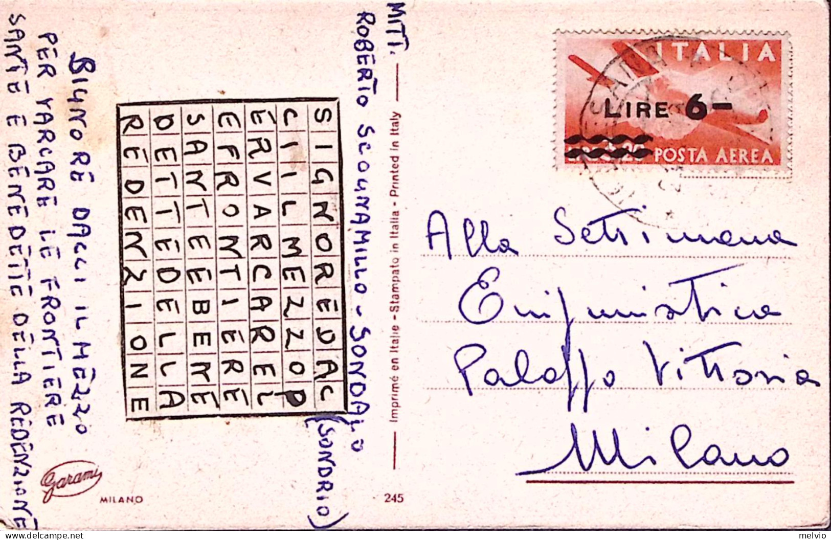 1948-Posta Aerea Sor Lire 6/3,20 Isolato Come PO Su Cartolina Sondalo - 1946-60: Storia Postale