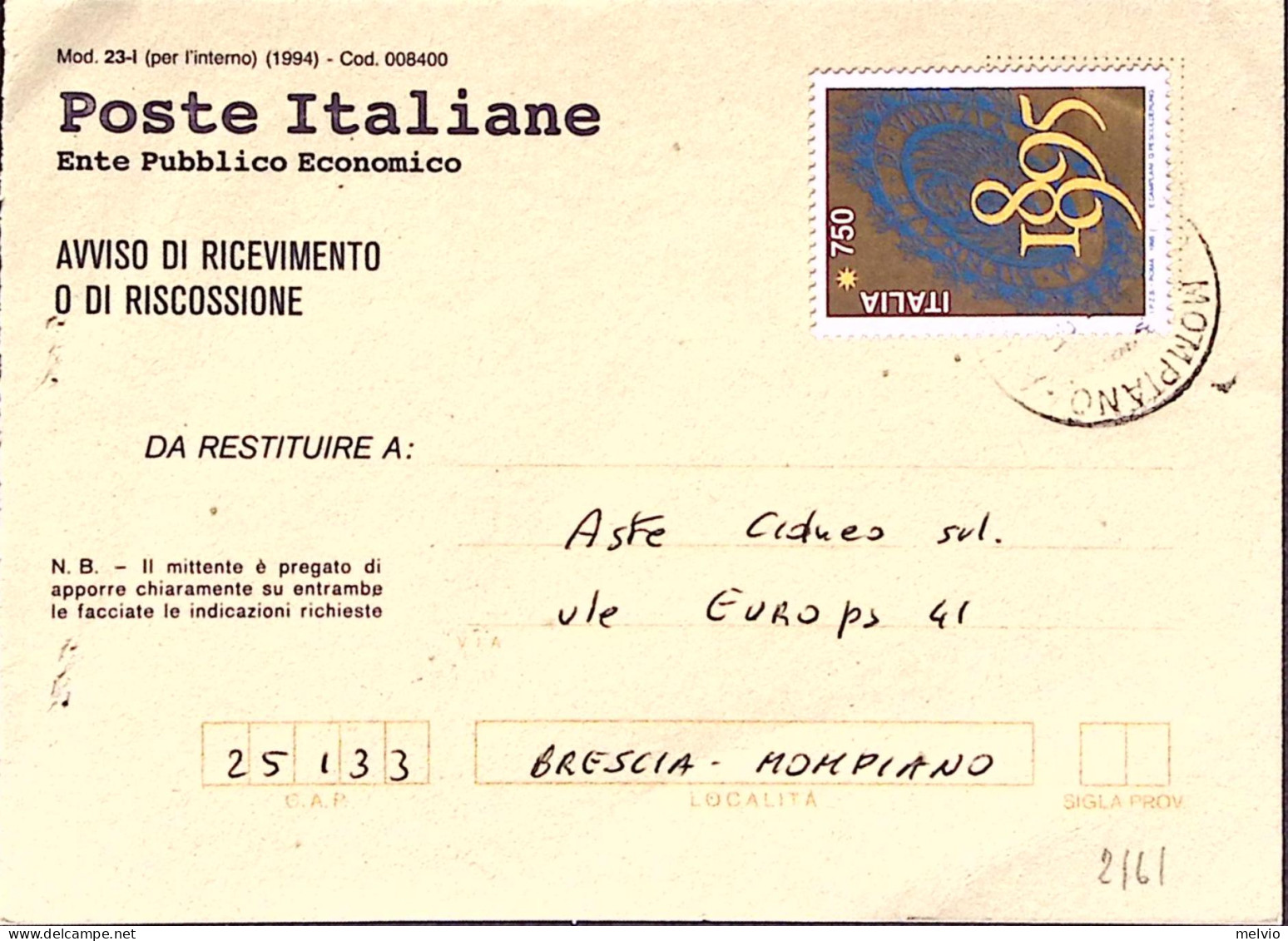 1995-100 Biennale Venezia Lire 750 Isolato Su Avviso Ricevimento - 1991-00: Storia Postale