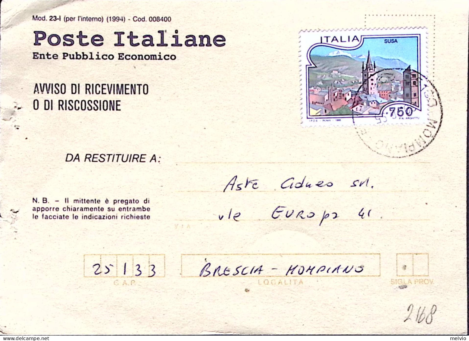 1995-TURISTICA Susa Lire 750 Isolato Su Avviso Ricevimento - 1991-00: Marcofilie