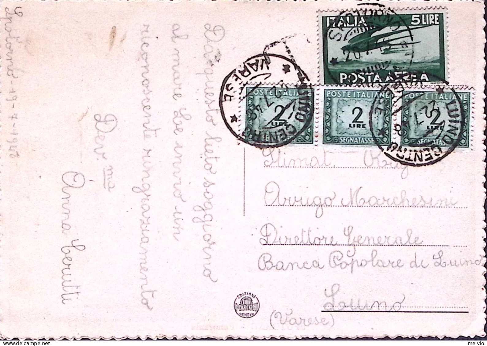 1948-Posta Aerea Lire 5 Come PO Isolato Su Cartolina (Spotorno Panorama) Spotorn - 1946-60: Storia Postale