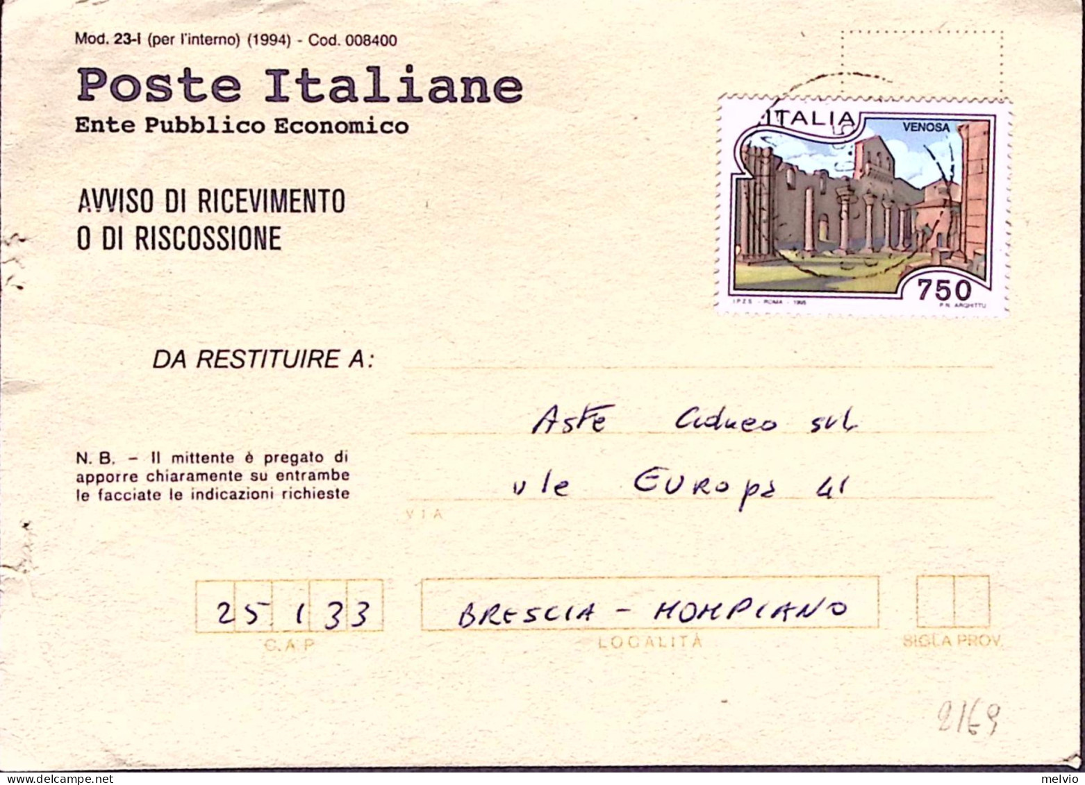 1995-TURISTICA Venosa Lire 750 Isolato Su Avviso Ricevimento - 1991-00: Marcophilie