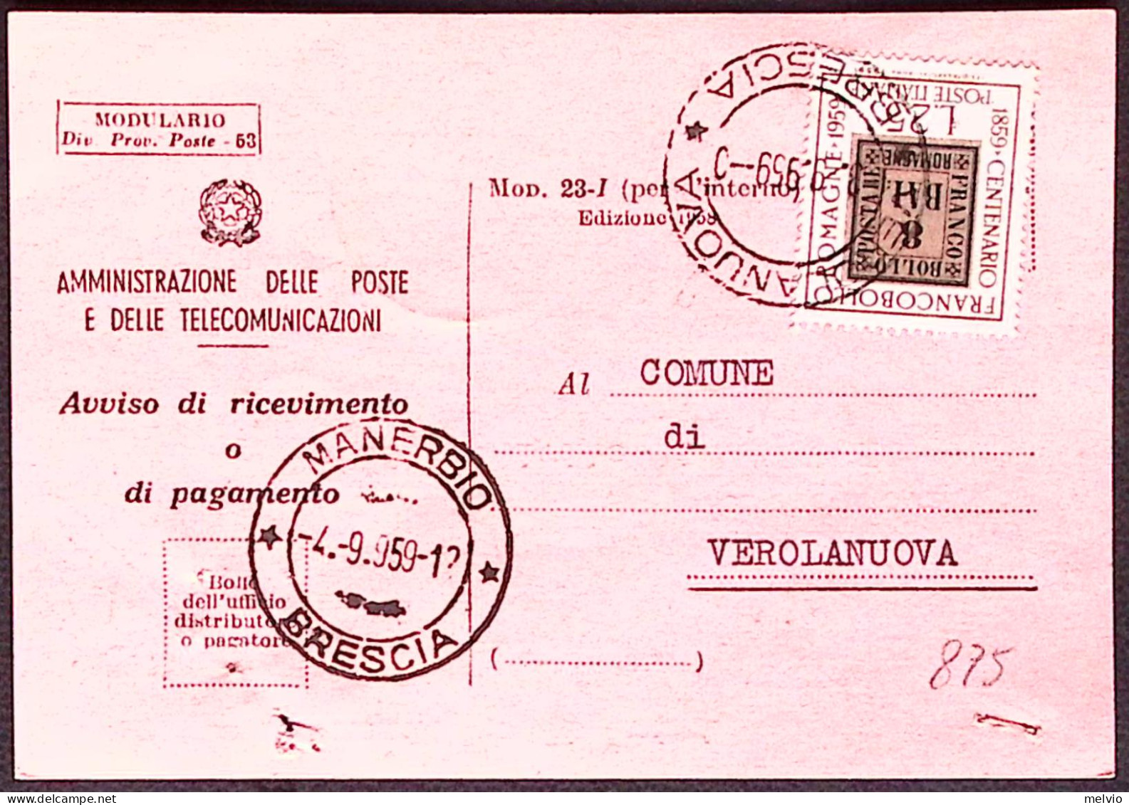 1959-Fr.lli ROMAGNE £ 25 Isolato Su Avviso Ricevimento - 1946-60: Storia Postale