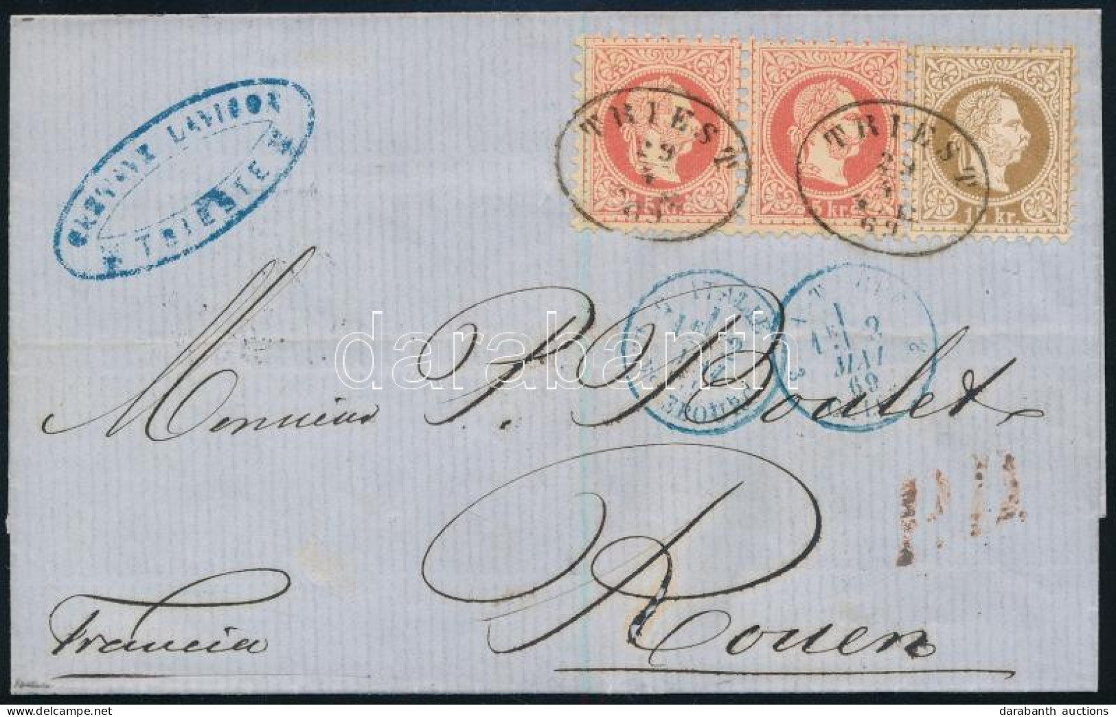 Ausztria 1869 Levél Triesztből Franciaországba 2 X 5kr + 15kr Bérmentesítéssel - Autres & Non Classés