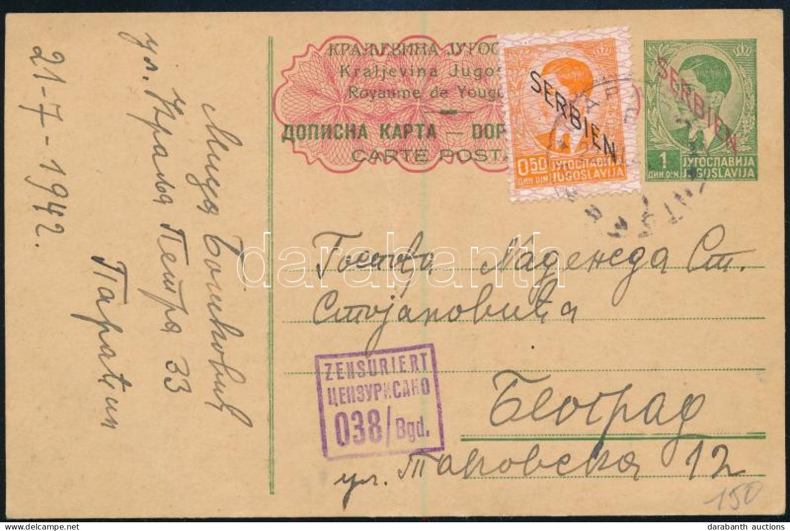 Német Megszállás Szerbia 1942 Díjkiegészített Díjjegyes Levelezőlap Cenzúrázva Belgrádba - Other & Unclassified