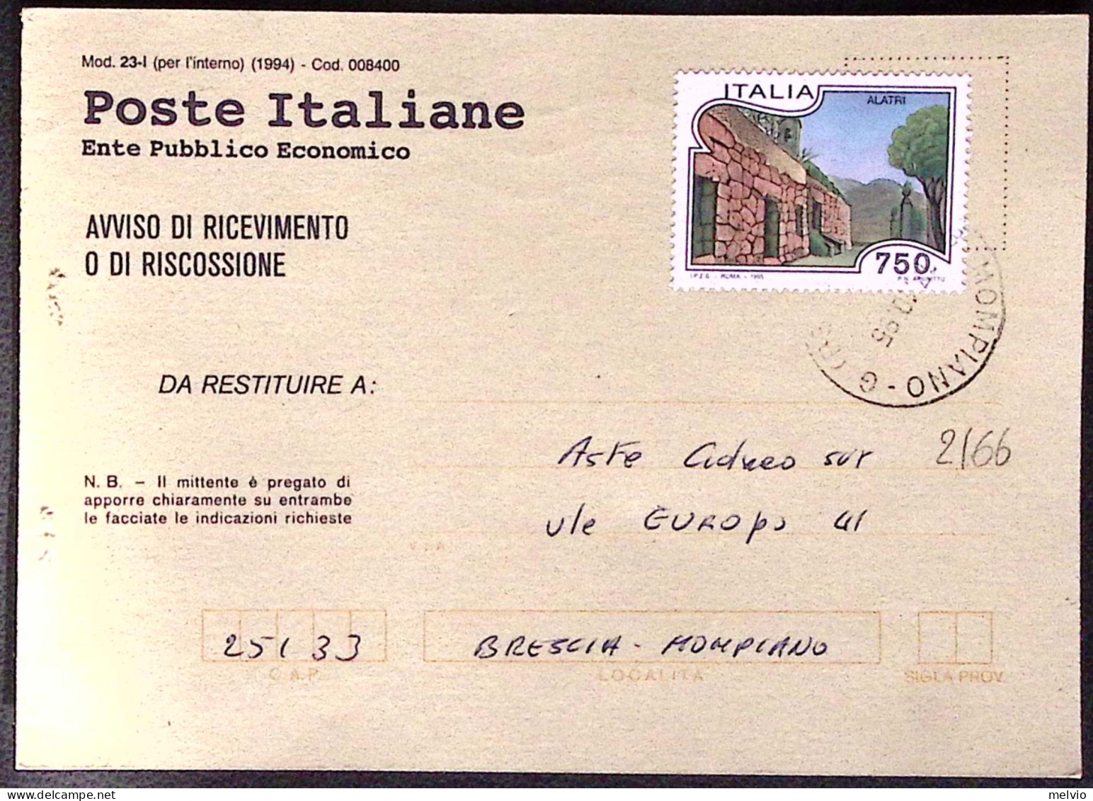 1996-PROPAGANDA TURISTICA Alatri Lire 750 Isolato Su Avviso Ricevimento - 1991-00: Marcophilia