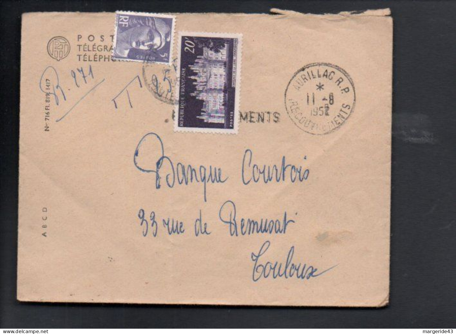 AFFRANCHISSEMENT COMPOSE SUR LETTRE DE AURILLAC RECOUVREMENTS 1952 - Tarifas Postales