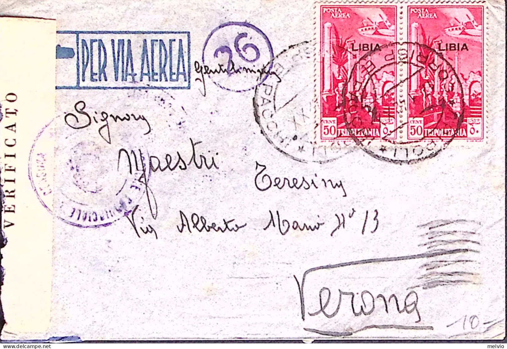 1941-Tripolitania PA Sopr.coppia C.50 Su Busta Via Aerea Tripoli (1.31) - Tripolitaine