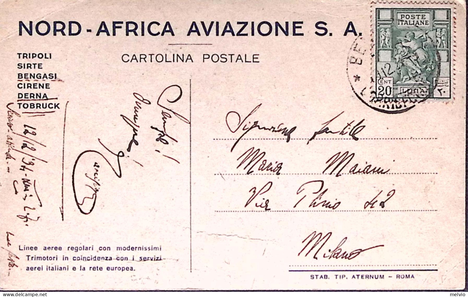 1934-NORD AFRICA AVIAZIONE S.A. Ediz Aternum, Viaggiata Bengasi (12.12) - Patriotic