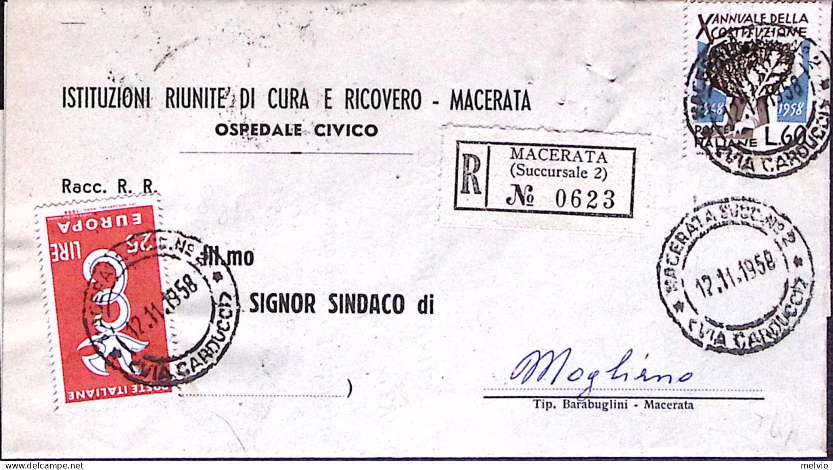 1958-X COSTITUZIONE Lire 60 + Europa1958 Lire 25 Su Piego Raccomandato Macerata  - 1946-60: Storia Postale