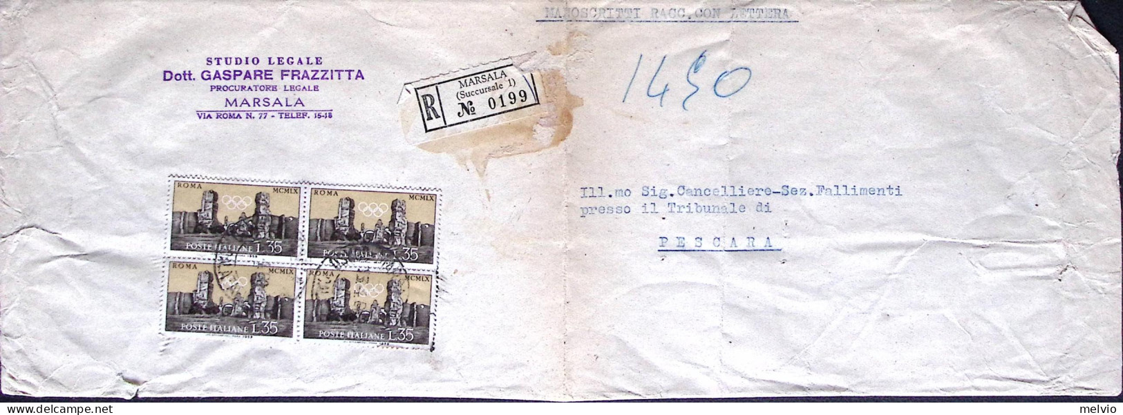 1960-PREOLIMPICA Blocco Quattro Lire 35 Su Manoscritti Raccomandati Marsala (13. - 1946-60: Storia Postale