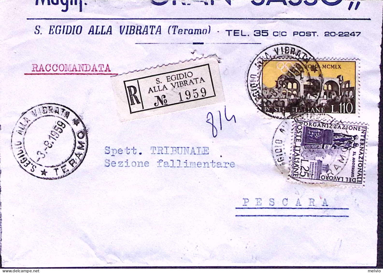 1959-PREOLIMPICA Lire 110 + OIL L. 25 Su Raccomandata S. Egidio Alla Vibrata (3. - 1946-60: Storia Postale
